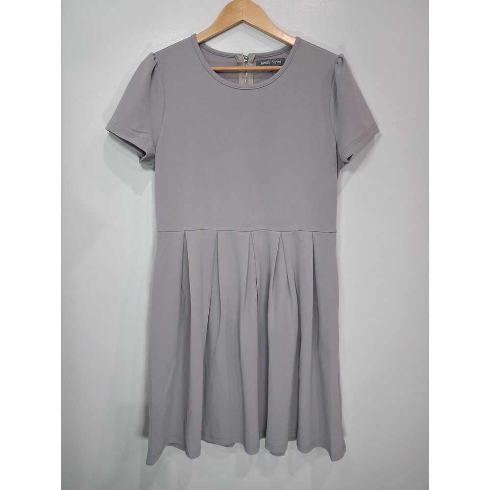 Jamby Styles Women Gray Lavender Pleated Fit Flare Dress Short Large Pockets‎